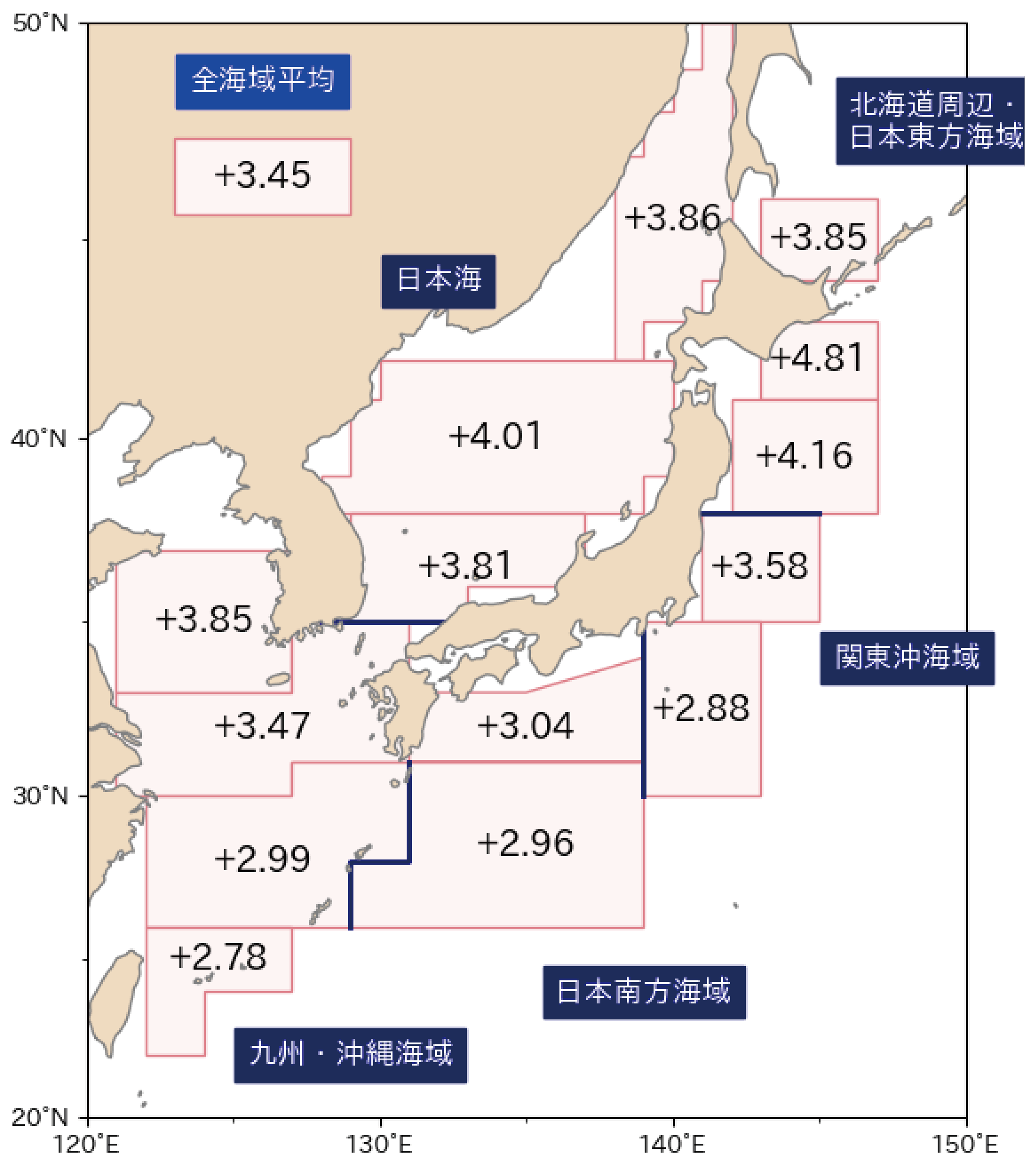 21世紀末の日本近海の海域平均海面水温の20世紀末からの上昇幅(°C)4℃上昇シナリオによる予測